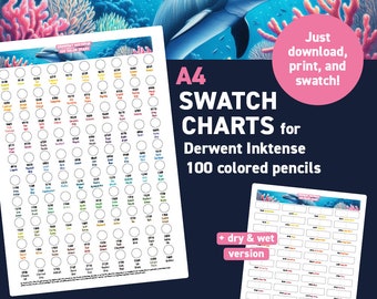 Derwent Inktense 100 colored pencils - A4 Classic Swatch Chart + A4 Dry & Wet Swatch Chart - Printable A4 PDF - Digital Download