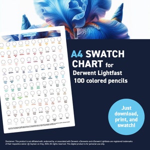 May include: A printable A4 swatch chart for Derwent Lightfast 100 coloured pencils. The chart has 100 circles for each colour, with the colour name printed below each circle.