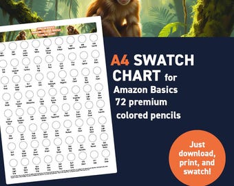 Amazon Basics Premium colored pencils 72 colored pencils – A4 Swatch Chart - Printable A4 PDF - Digital Download