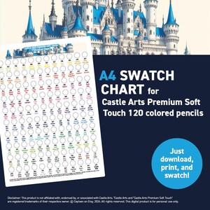May include: A printable A4 swatch chart for Castle Arts Premium Soft Touch 120 colored pencils. The chart features 120 color swatches in a grid format, with each color labeled with a number.