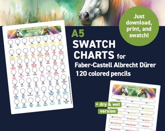 Faber-Castell Albrecht Dürer 120 colored pencils – A5 Classic Swatch Chart + A5 Dry & Wet Swatch Chart - Printable A4 PDF - Digital Download