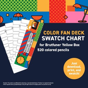 Può includere: Un grafico di campioni a ventaglio di colori per matite colorate Brutfuner Yellow Box 520. Il design presenta un motivo colorato con il testo "COLOR FAN DECK SWATCH CHART" e "Just download, print, and swatch!"