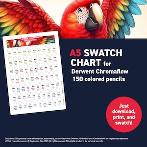 Può includere: Tabella di campioni A5 per 150 matite colorate Derwent Chromaflow. La tabella è bianca con cerchi numerati per i campioni di colore. Un'illustrazione di pappagallo vibrante è sullo sfondo. Il testo recita "Just download, print, and swatch!"