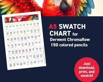 Derwent Chromaflow 150 colored pencils – A5 Swatch Chart - Printable A5 PDF - Digital Download