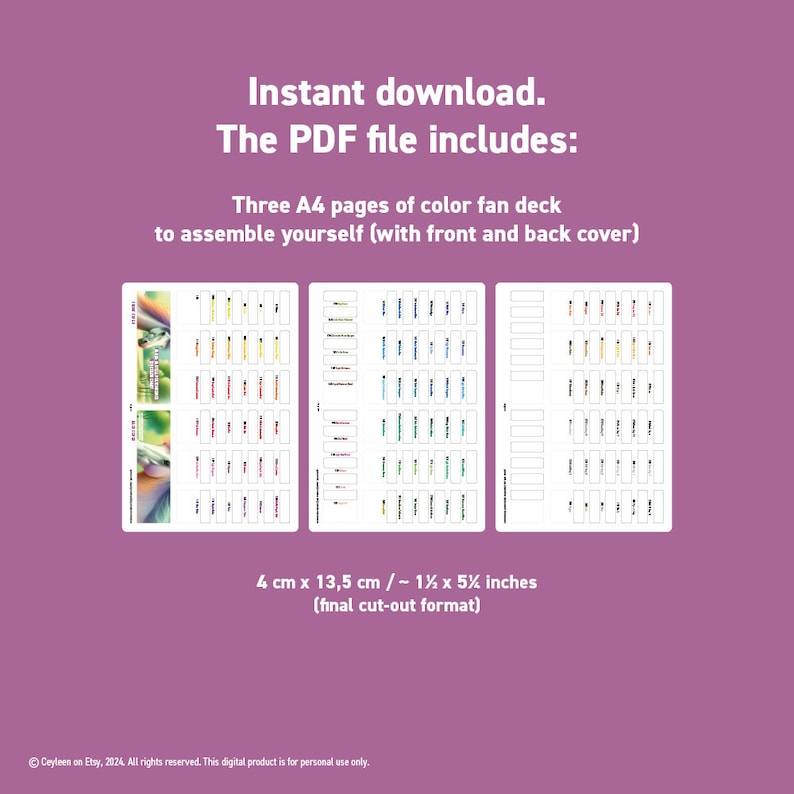 Instant download. The PDF file includes: three A4 pages of color fan deck to assemble yourself (with front and back covers).