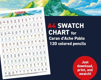 Caran d’Ache Pablo 120 colored pencils – A4 Swatch Chart - Printable A4 PDF - Digital Download
