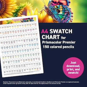 Prismacolor Premier 150 colored pencils - A4 Swatch Chart - Printable A4 PDF - Digital Download