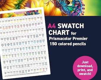 Prismacolor Premier 150 colored pencils - A4 Swatch Chart - Printable A4 PDF - Digital Download