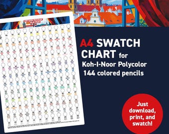 Koh-I-Noor Polycolor 144 colored pencils – A4 Swatch Chart - Printable A4 PDF - Digital Download