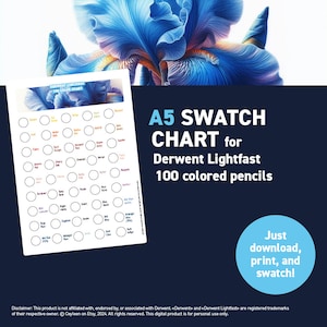 Op de afbeelding: Een printbare A5-kleurenkaart voor Derwent Lightfast 100 kleurpotloden. De kaart heeft 100 cirkels voor kleurstalen, met de namen van de kleuren onder elke cirkel.