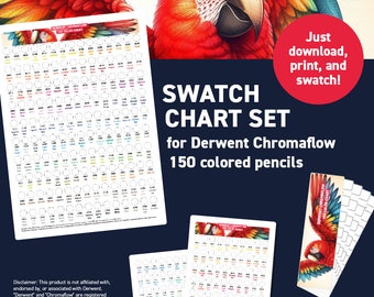 Derwent Chromaflow 150 colored pencils - Swatch Chart Set - Printable A4 & A5 PDF + DIY Color Fan Deck - Digital Download