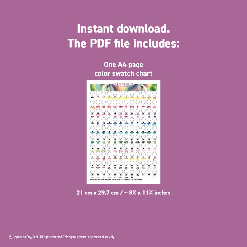 Instant download. The PDF file includes: one A4 pages color swatch chart.
