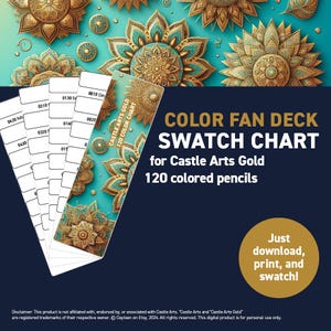以下が含まれることがあります： キャッスルアーツゴールド120色鉛筆用のカラーファンデッキ見本チャート。チャートは白紙に黒文字で印刷されており、各鉛筆の色見本が含まれています。チャートは印刷して、アーティストの参考資料として使用できるように設計されています。