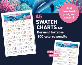 Derwent Inktense 100 colored pencils – A5 Classic Swatch Chart + A5 Dry & Wet Swatch Chart - Printable A4 PDF - Digital Download