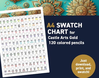 Castle Arts Gold 120 colored pencils – A4 Swatch Chart - Printable A4 PDF - Digital Download