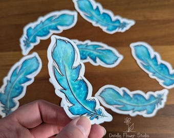 Fanciful Feather Sticker, Teal:  glossy vinyl