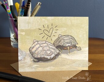 Celebratory Critters, Just Married Turtles, Wedding Card: Blank Inside, A2 Card with Envelope