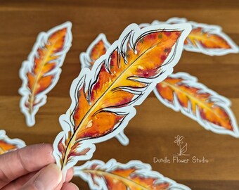Fanciful Feather Sticker, Orange:  glossy vinyl
