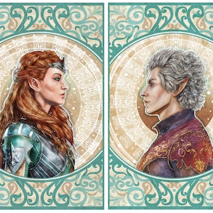 Könnte beinhalten: Zwei Porträts von Fantasy-Charakteren, eines mit langen roten Haaren und einer Krone, das andere mit silbernen Haaren, beide mit spitzen Ohren. Die Porträts sind vor einem Hintergrund aus kunstvollen, wirbelnden Mustern in den Farben Türkis und Gold.