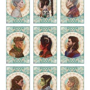 Può includere: Nove illustrazioni digitali di personaggi fantasy di profilo, ciascuna incorniciata da un bordo decorativo dorato e turchese. I personaggi sono di razze e generi diversi, con acconciature e abiti diversi.