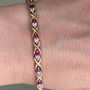 Solid 14K Yellow and White Gold Vintage Ruby and Diamond Link Bracelet