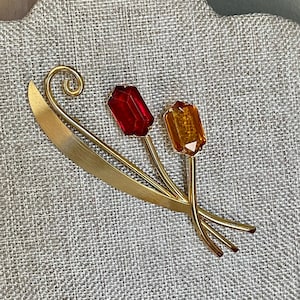Mid-Century Red and Citrine Glass Fashion Brooch -Huge