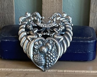 Vintage Cini Sterling Silver Gemini Heart Shaped Brooch