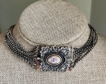 Antique Silver with Gilt Gold Hand Enameled Multi Strand Choker