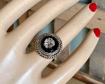 Antiker Onyx Rosenschliff Diamant Stiefmütterchen Ring in 14K Gelbgold