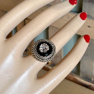 Antique Onyx Rose Cut Diamond Pansy Ring in 14K Yellow Gold