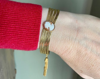 Vintage Four Link Shell Cameo Bracelet with Tassels