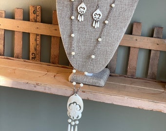 1960's Carved Necklace and Dangle Earrings