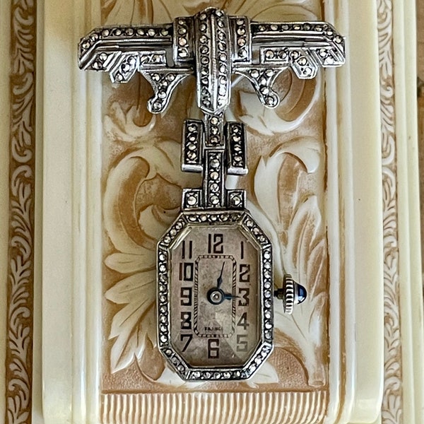 800 Silver Marcasite French Art Deco 1920 Watch Brooch