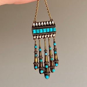 c1870 Victorian 14K Yellow Gold Turquoise and White Enamel Dangle Pendant