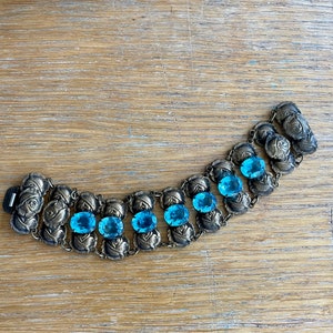 Late Edwardian Early Art Deco Aqua Paste Brass Alloy Wide Bracelet
