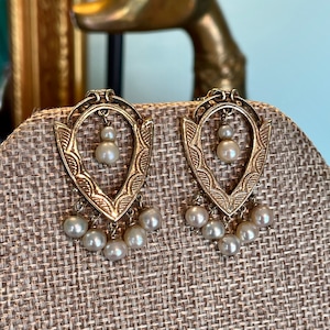 Victorian Revival 10K Yellow Gold Mid Century Pearl Dangle Earrings