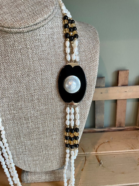 c1990 14K Yellow Gold Onyx, Mabe Pearl & Rice Pea… - image 4