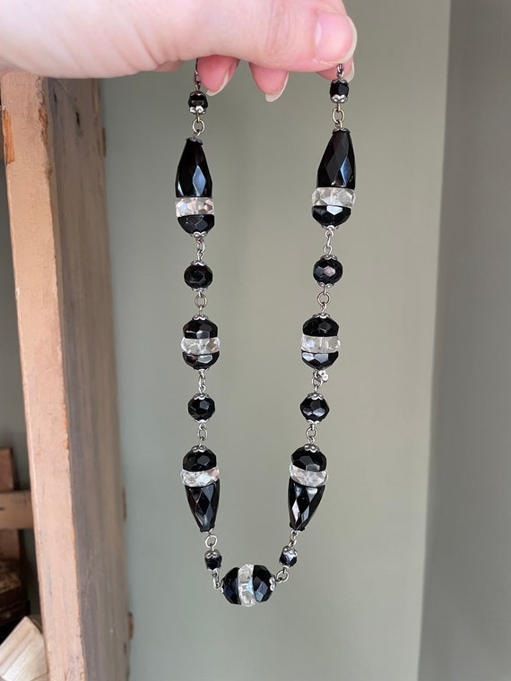 c1930 Black and Clear Glass Faceted Bead Necklace… - image 3