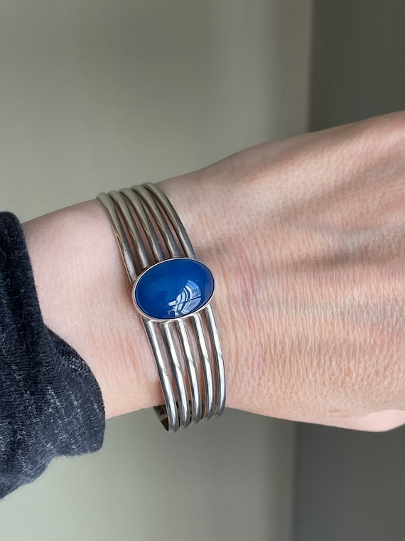 Vintage Sterling Silver Cuff with Blue Dyed Chalce