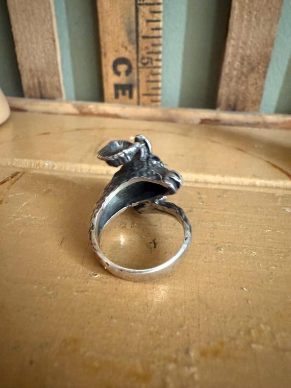 Vintage Solid Sterling Silver Ram Ring with Blue … - image 5