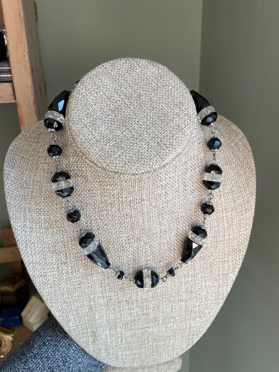 c1930 Black and Clear Glass Faceted Bead Necklace… - image 1