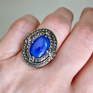 Vintage Art Deco Sterling Silver Ring Bluish Purplish Glass Stone with Marcasite