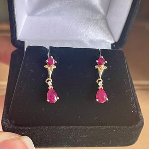 14K Yellow Gold Ruby and Diamond Dangle Earrings