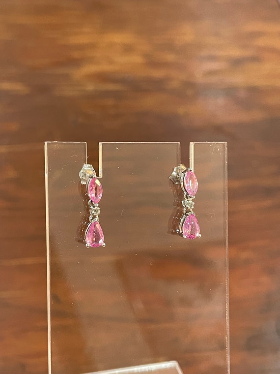 10K White Gold Pink Sapphire and Diamond Dangle E… - image 3