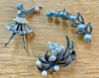 Choose One Mid-Century Sterling Silver Pearl Broches