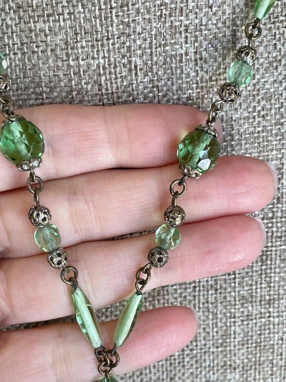 Czechoslovakia BiColor Lime Green Brass Dangle Neckl… Gem