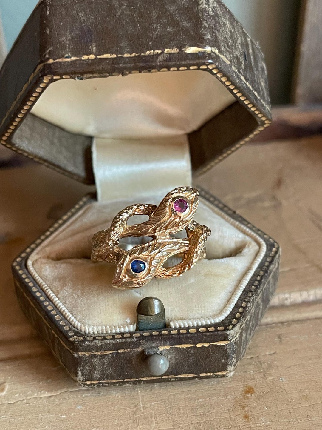 14k Yellow Gold Double Snake Ring With Sapphire and Ruby Set Heads - Etsy