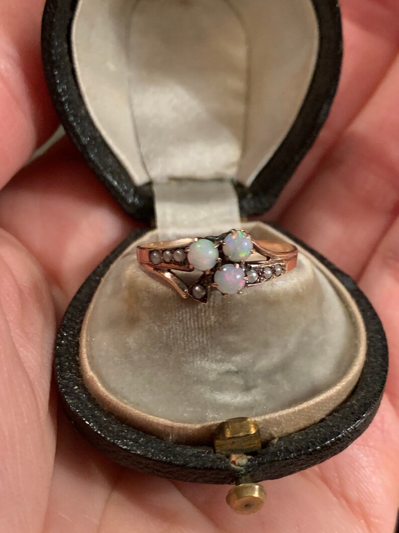Antique Victorian 10K Rose Gold Opal and Seed Pearl Ring