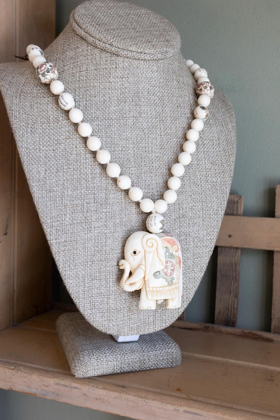 Carved Good Luck Chinese Elephant Necklace Hand Painted