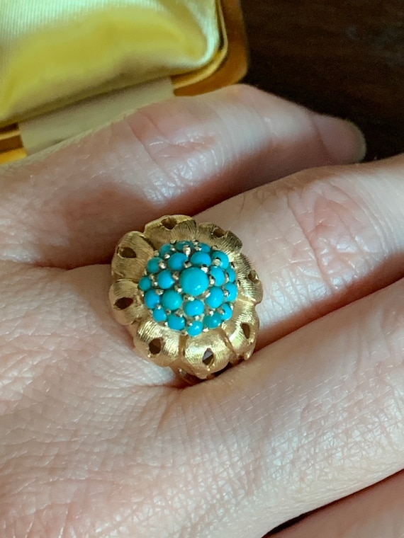 c1960 14K Yellow Gold Sunflower Turquoise Ring